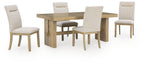 Dining table set with light brown wood table and 4 upholstered side chairs