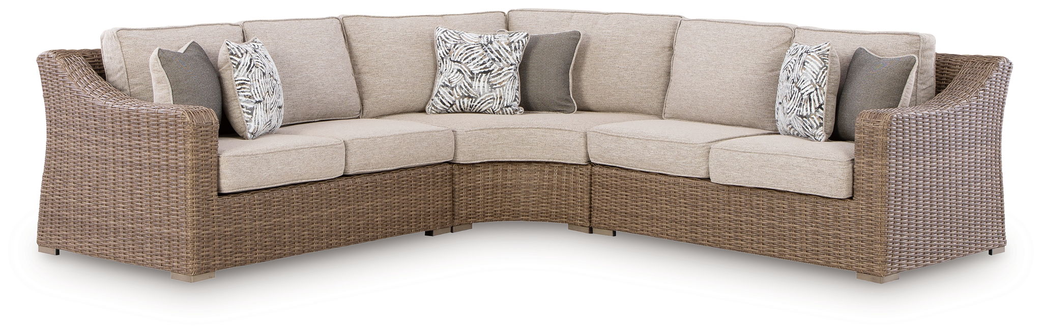 Beige outdoor sectional sofa with cushioned seats and two throw pillows