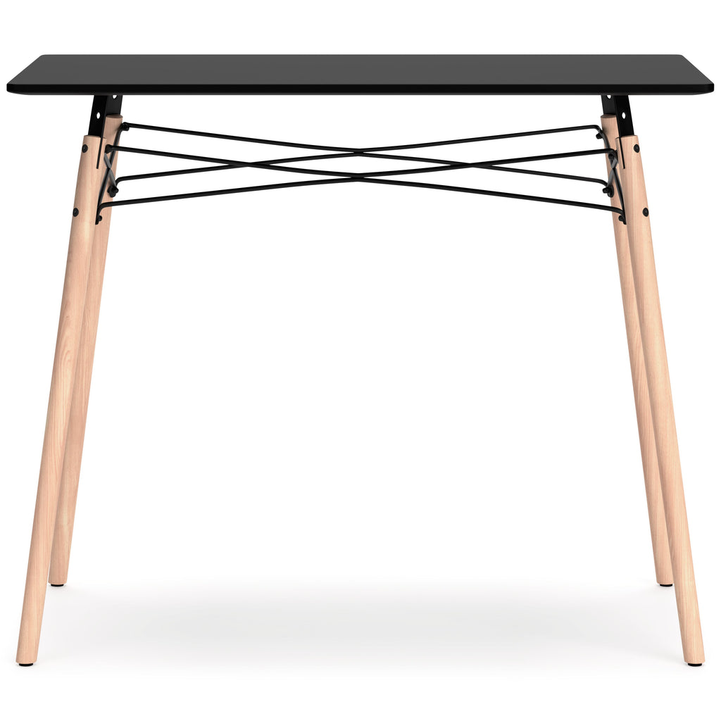 Jaspeni home office desk with dark tabletop and light wood legs, black metal cross-bracing