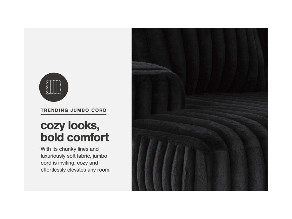 Trending jumbo cord comfort graphic with close-up of dark couch upholstery