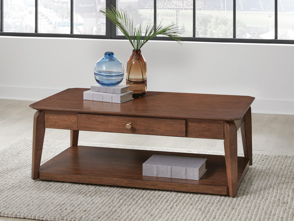 Rectangular cocktail table in medium brown wood with closed drawer and lower storage shelf