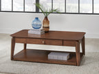 Rectangular cocktail table in medium brown wood with closed drawer and lower storage shelf