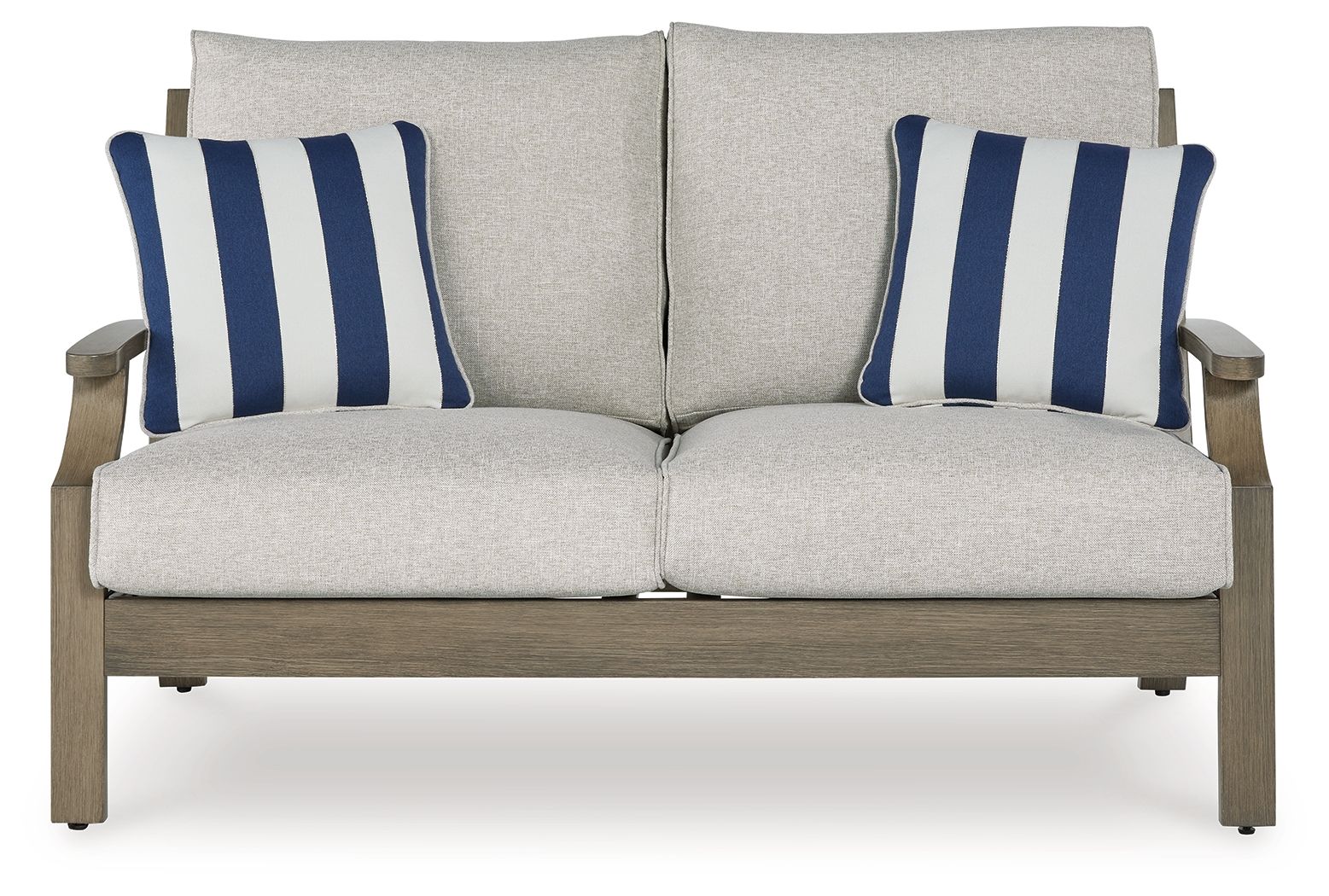 Loveseat with cushion, light gray upholstery with two matching blue-and-white striped pillows