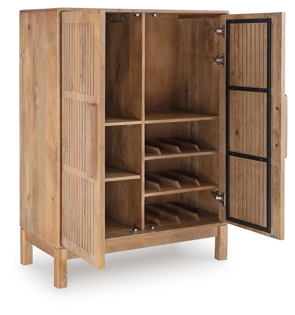 Natural wood bar cabinet open, showing interior shelves and hinged door panels