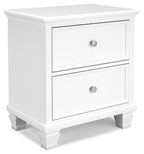 White two-drawer night stand with round knobs and paneled drawer fronts