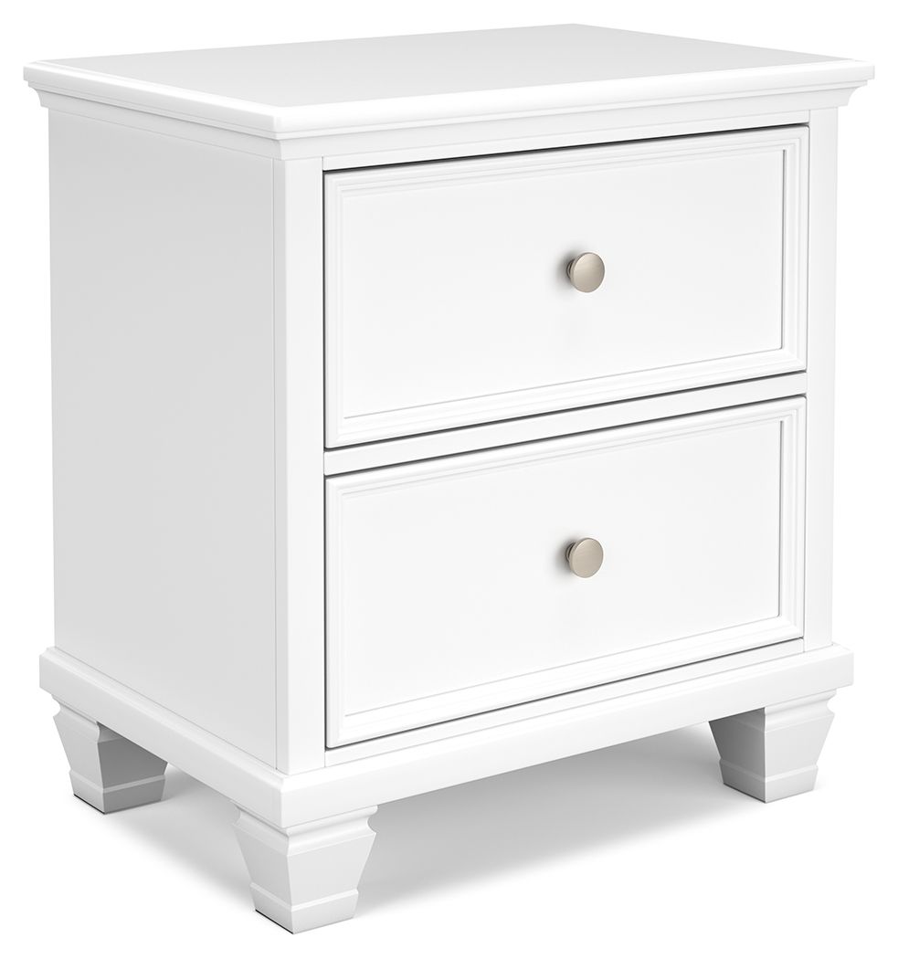 White two-drawer night stand with round knobs and paneled drawer fronts