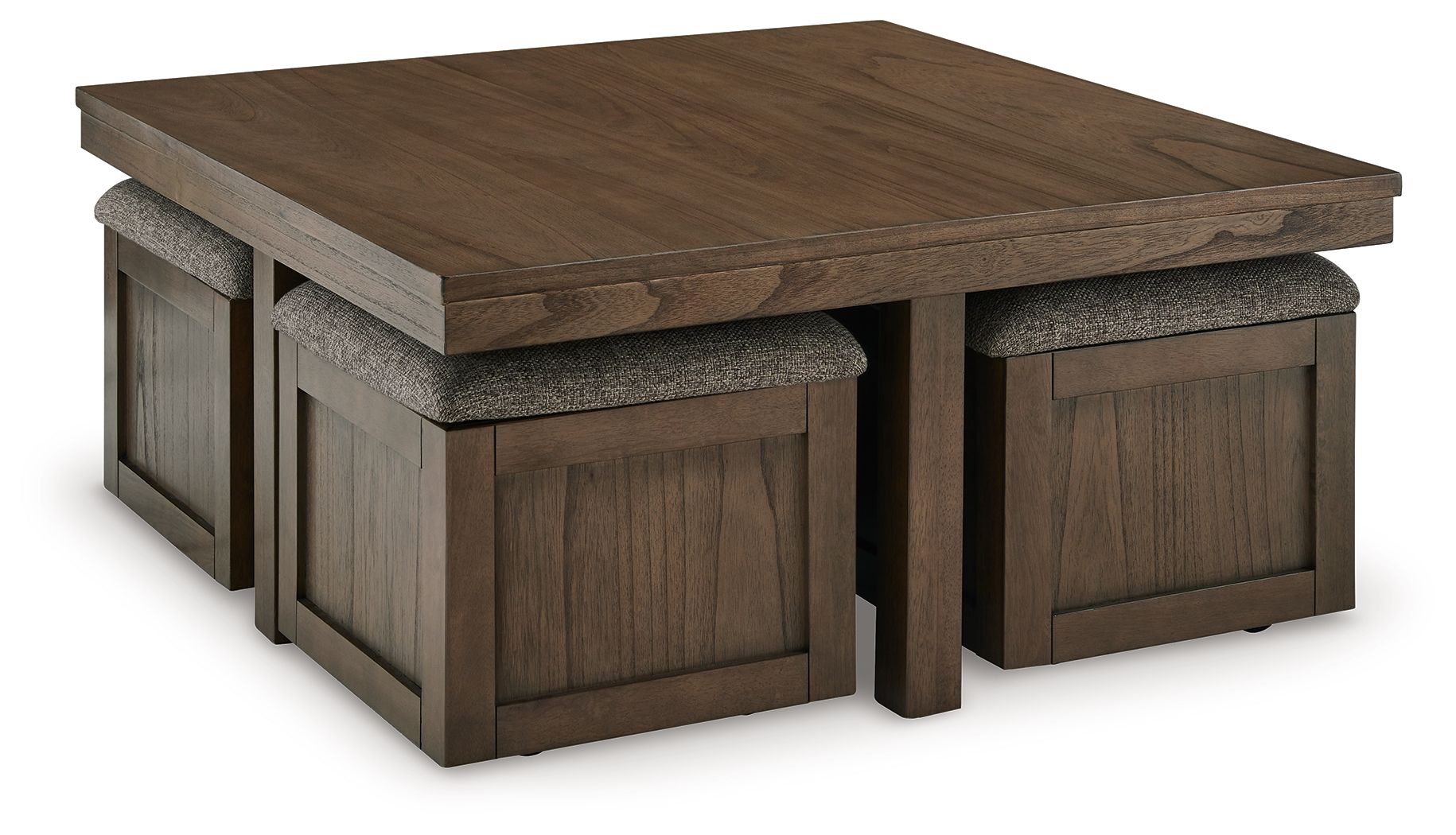 Brown cocktail table with two gray upholstered stools under square top.
