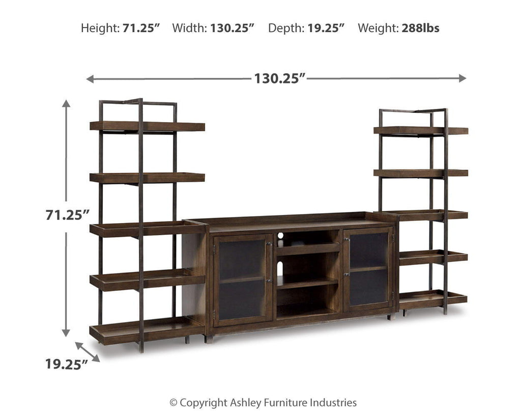 Dark brown TV stand layout with side bookshelves and central media cabinet dimensions shown