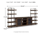 Dark brown TV stand layout with side bookshelves and central media cabinet dimensions shown