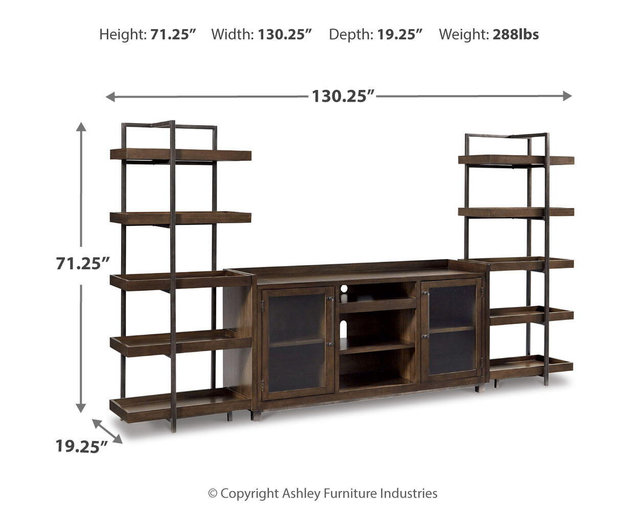 Dark brown TV stand layout with side bookshelves and central media cabinet dimensions shown