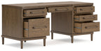 Brown home office desk with drawer stacks on both sides and open center