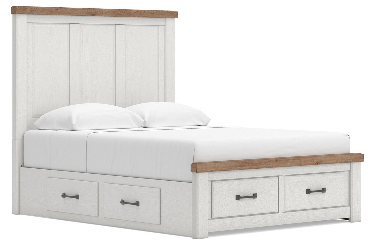 White storage bed with panel headboard and two-drawer footboard storage