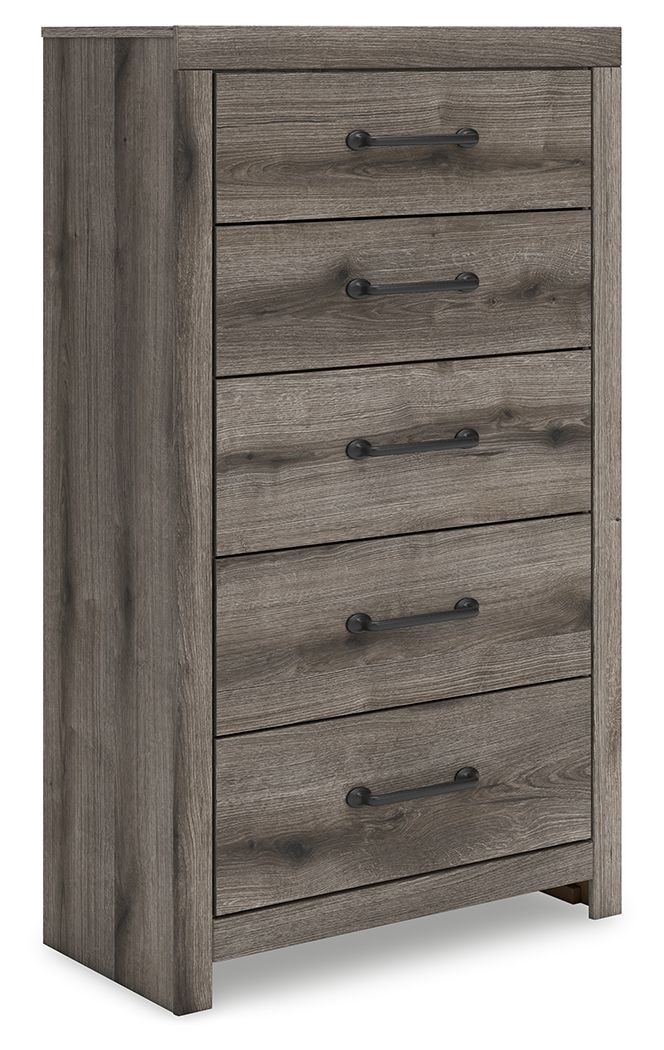 Five-drawer chest in gray wood with metal bar pulls, front view.