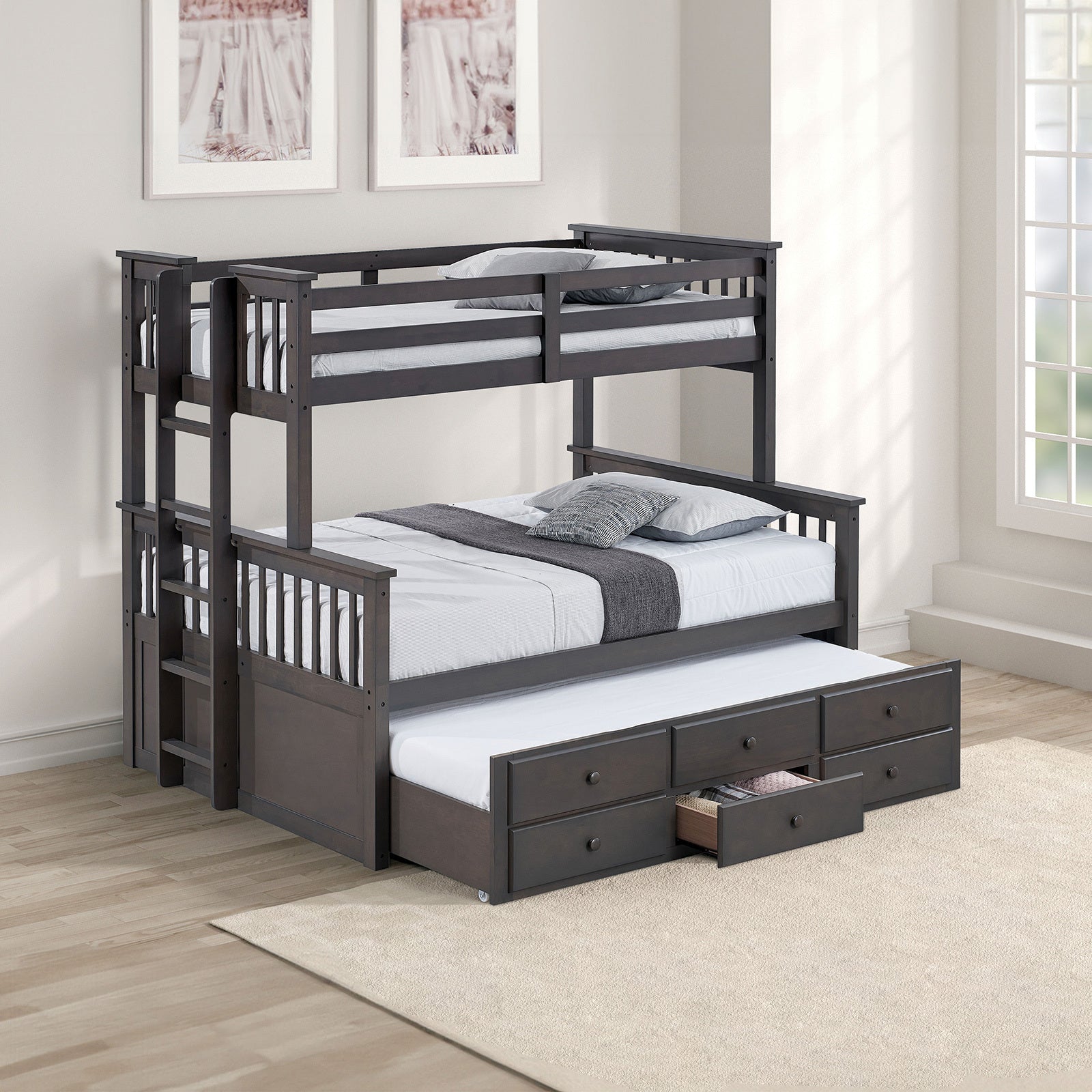 Transitional Twin Over Full Bunk Bed with Drawers, Grey Mix
