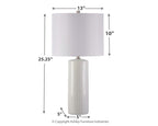 Steuben ceramic table lamp with white drum shade and white ribbed ceramic base