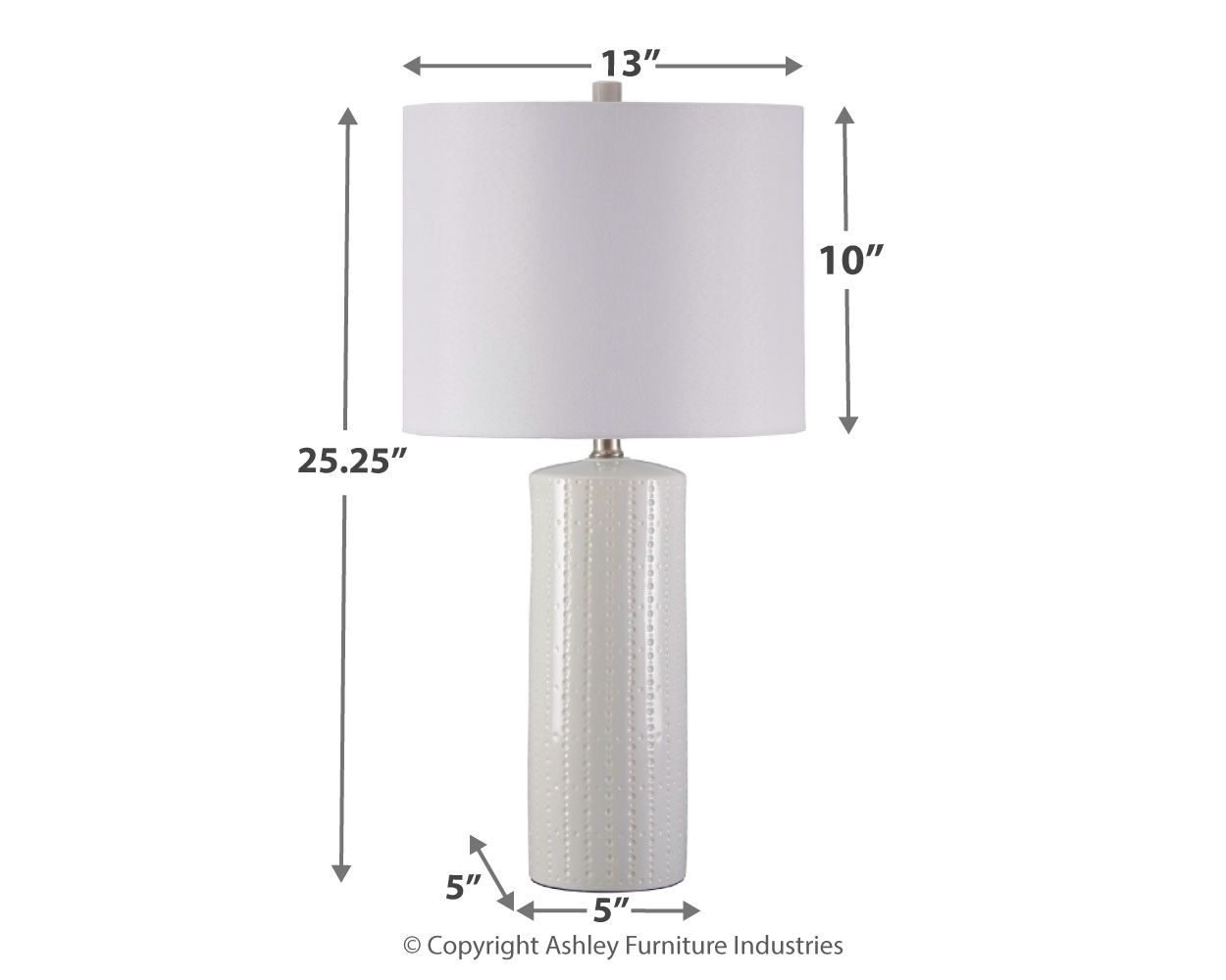 Steuben ceramic table lamp with white drum shade and white ribbed ceramic base