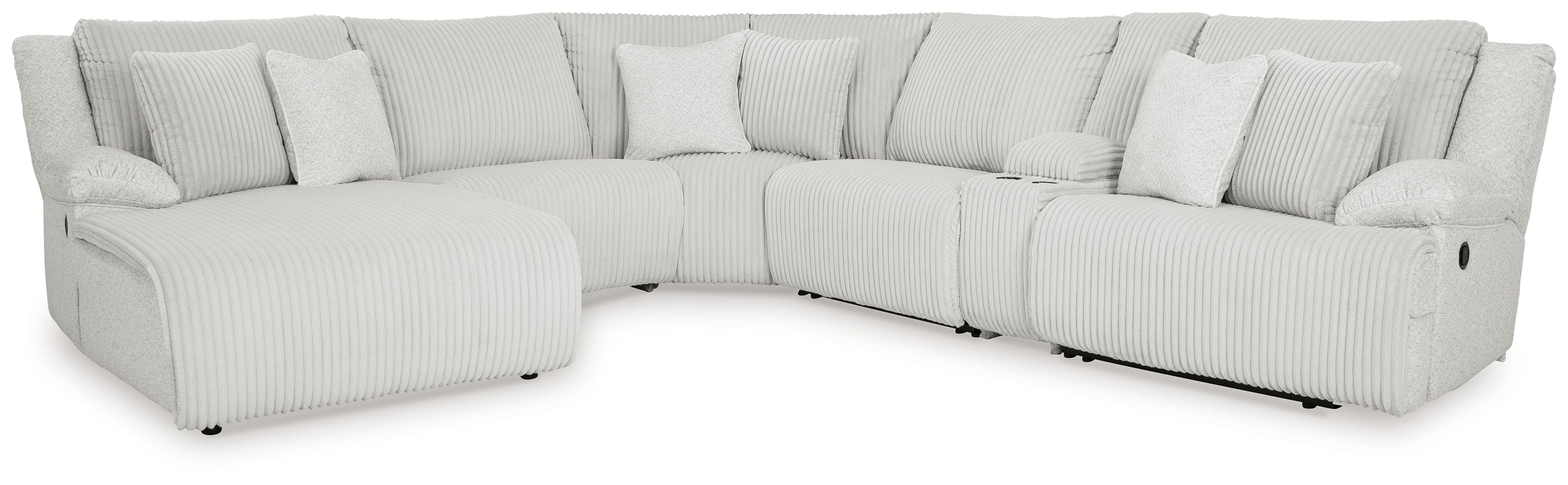 Light gray reclining sectional with ribbed fabric, plush cushions, and padded armrests