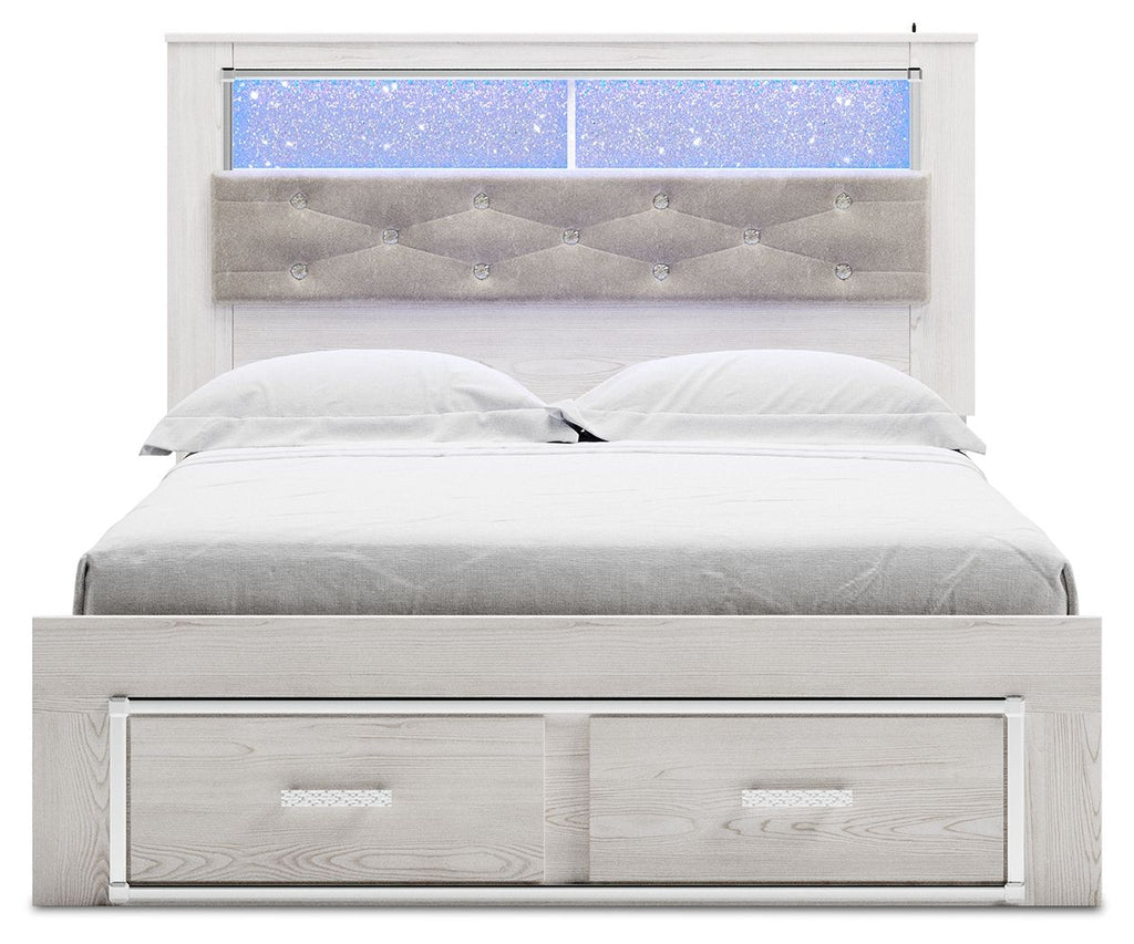 White bookcase bed with tufted gray headboard, blue-lit shelves, and two storage drawers
