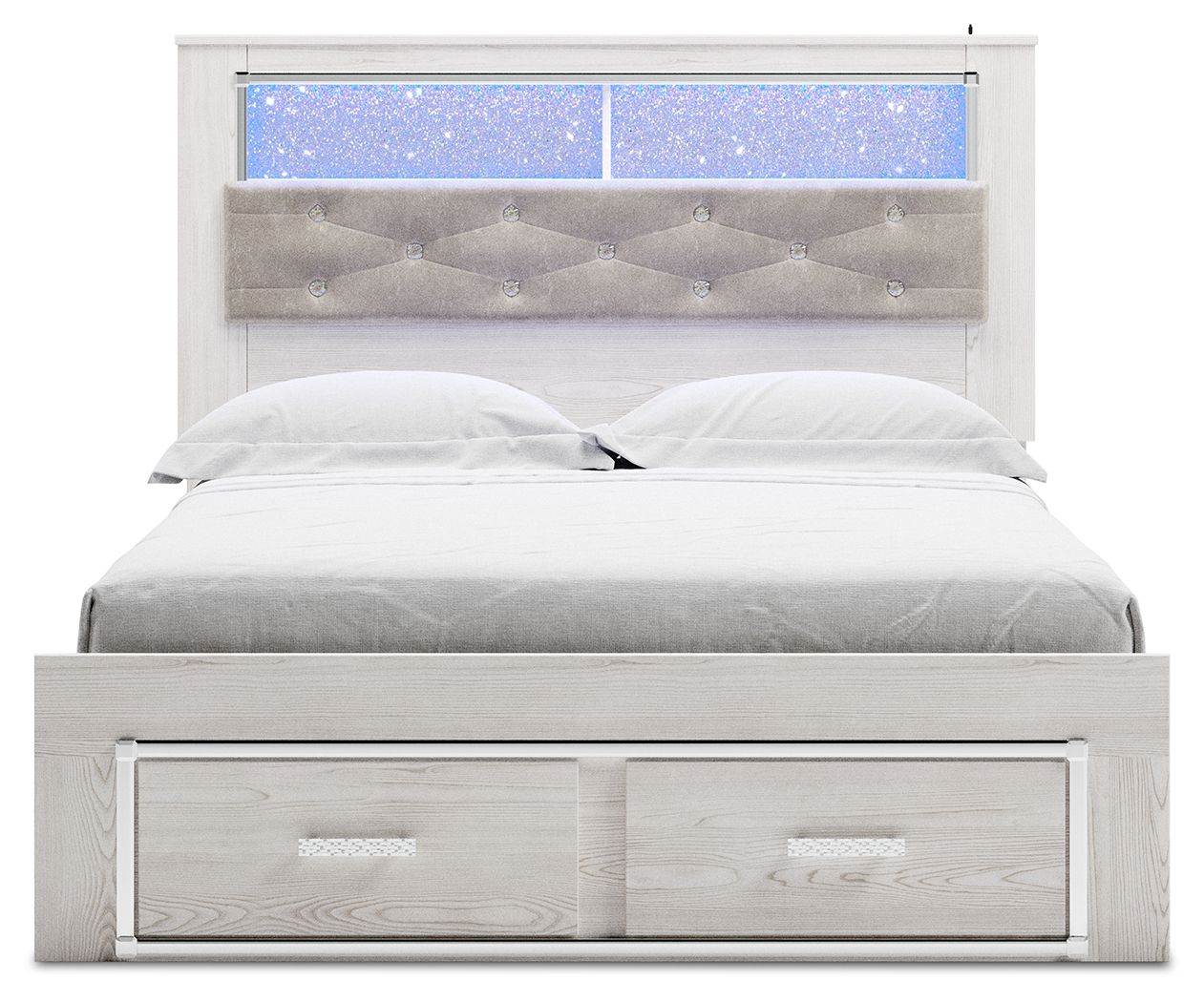 White bookcase bed with tufted gray headboard, blue-lit shelves, and two storage drawers
