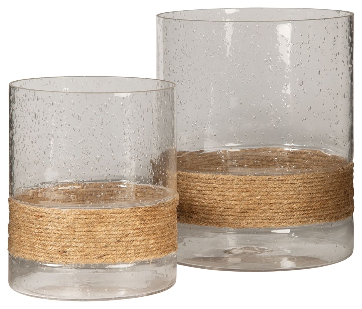 Pair of clear cylindrical glass candle holders with speckled texture and jute band