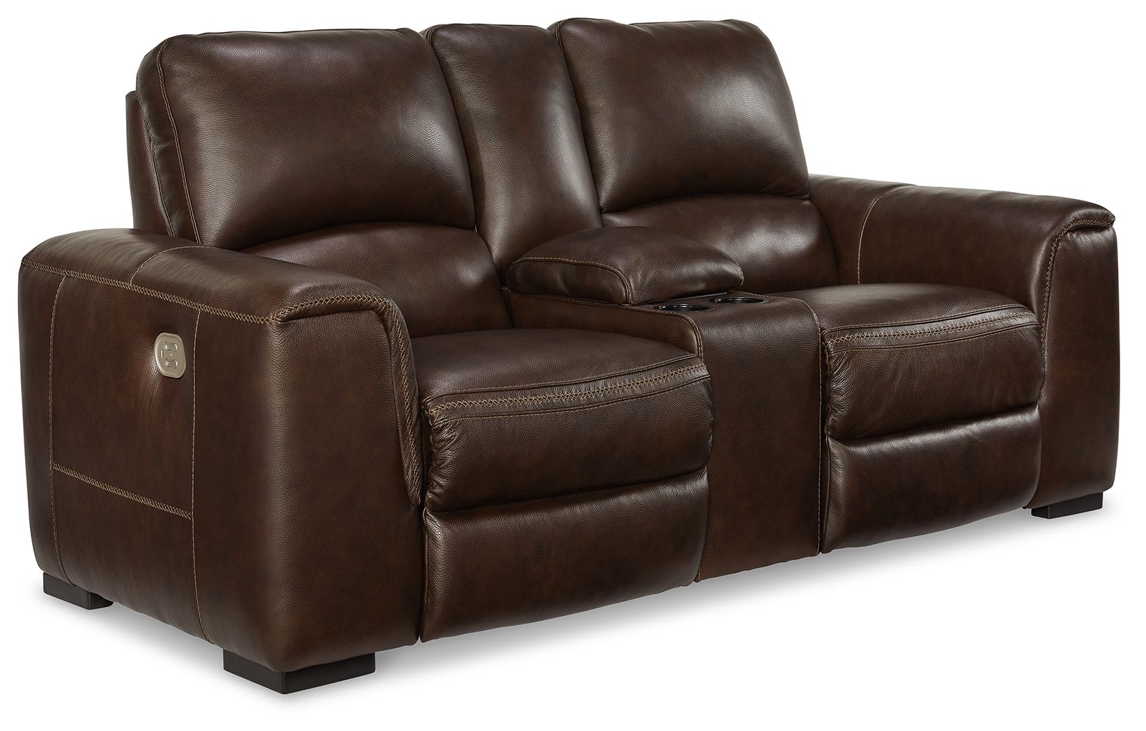 Brown leather loveseat with padded arms, reclining seats, and center console.