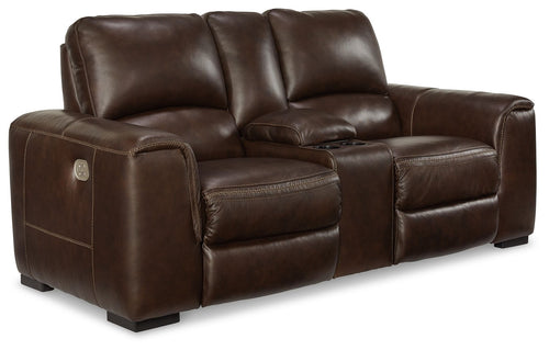 Brown leather loveseat with padded arms, reclining seats, and center console.