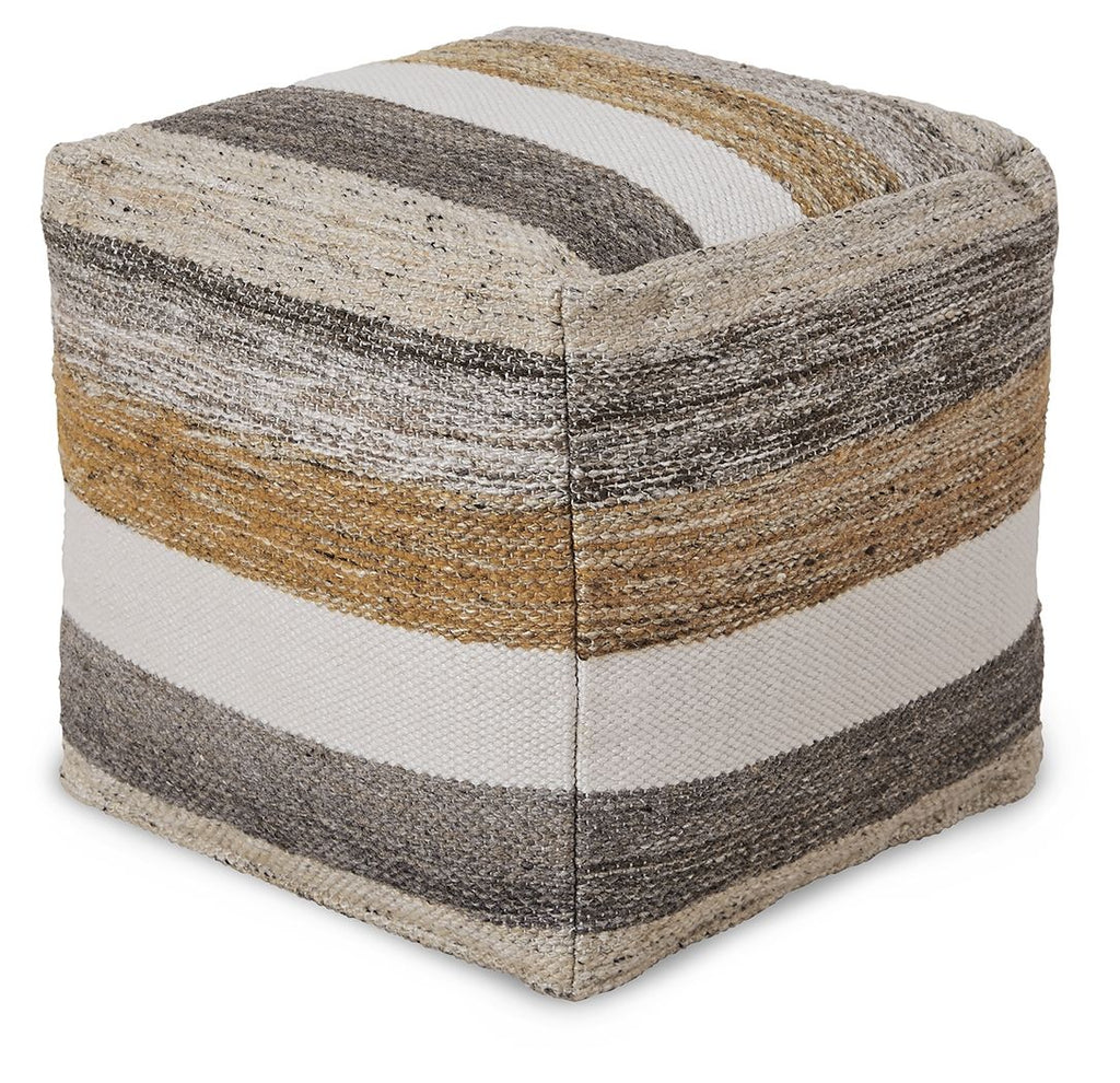 Multi-stripe upholstered pouf with woven cover in gray, white, and tan.