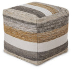 Multi-stripe upholstered pouf with woven cover in gray, white, and tan.