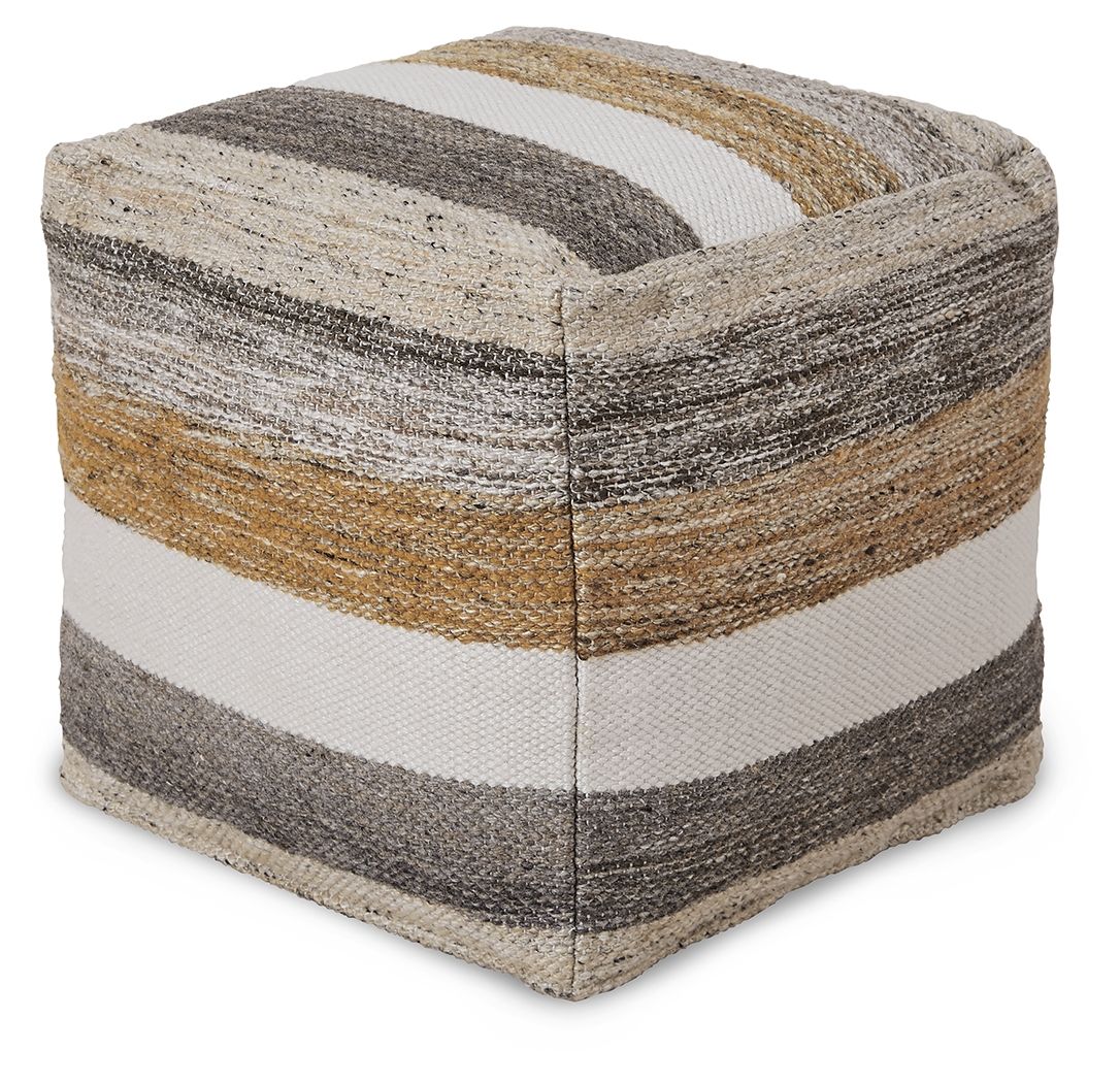 Multi-stripe upholstered pouf with woven cover in gray, white, and tan.