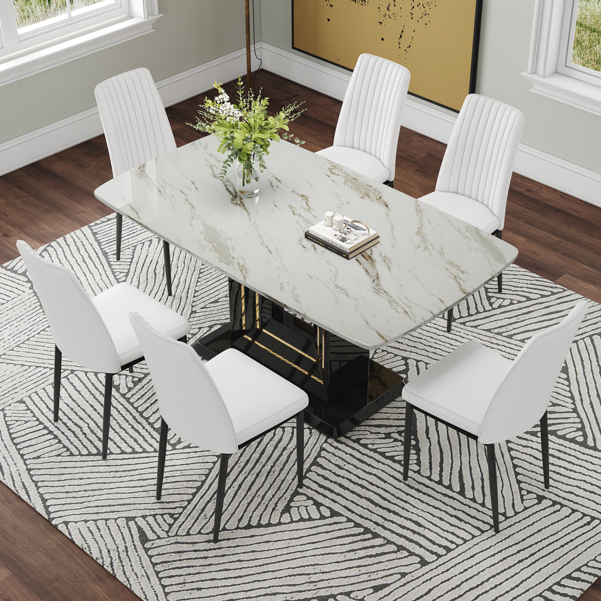 Modern Marble Dining Table Set, 7-Piece