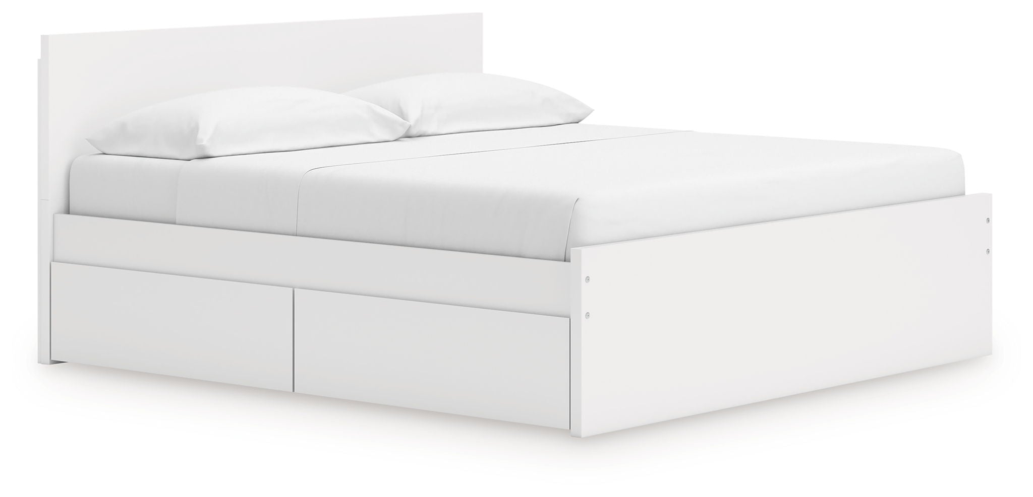 White panel platform bed with two side drawers and upholstered mattress