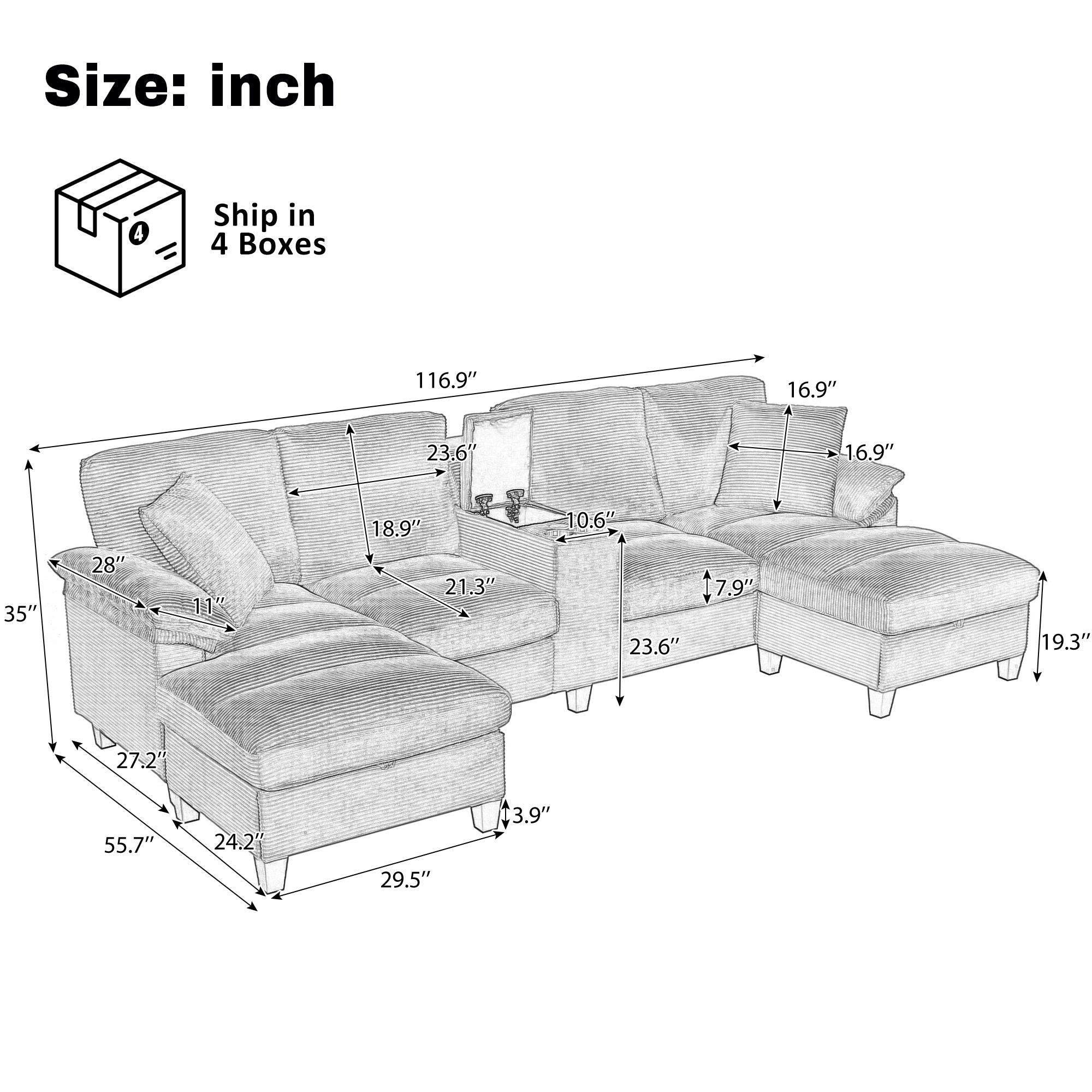 U-shaped sectional size diagram with inch measurements and storage detail