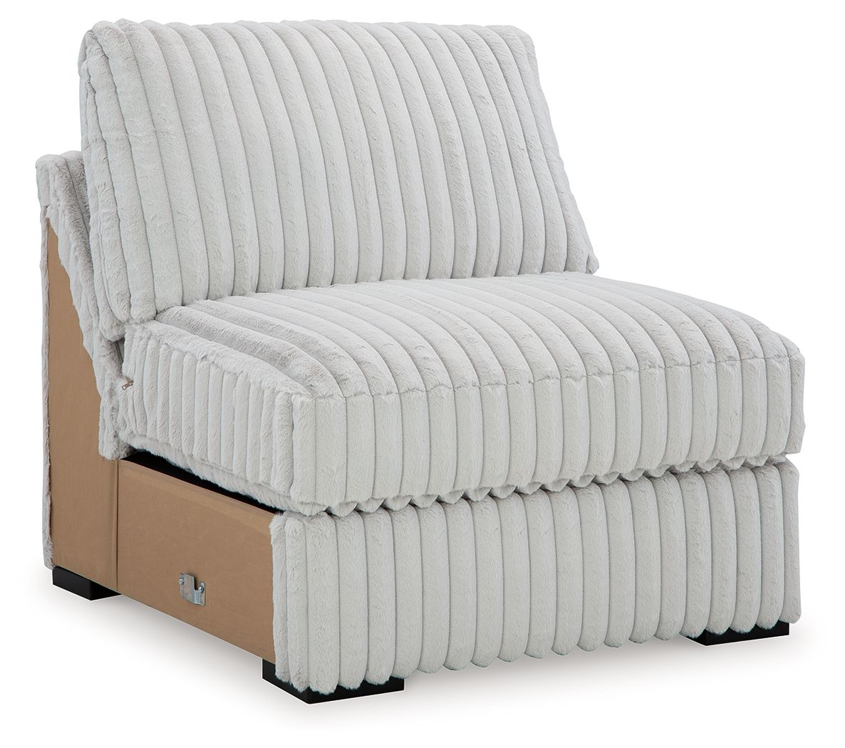 Light gray armless upholstered chair with vertical channel quilting and padded seat.