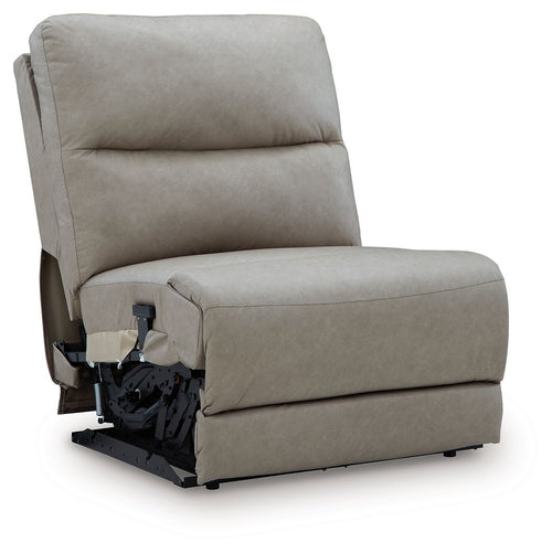 Pebble gray power armless recliner with adjustable headrest, base mechanism visible