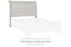 Antique white full sleigh headboard with simple panel and curved top rails