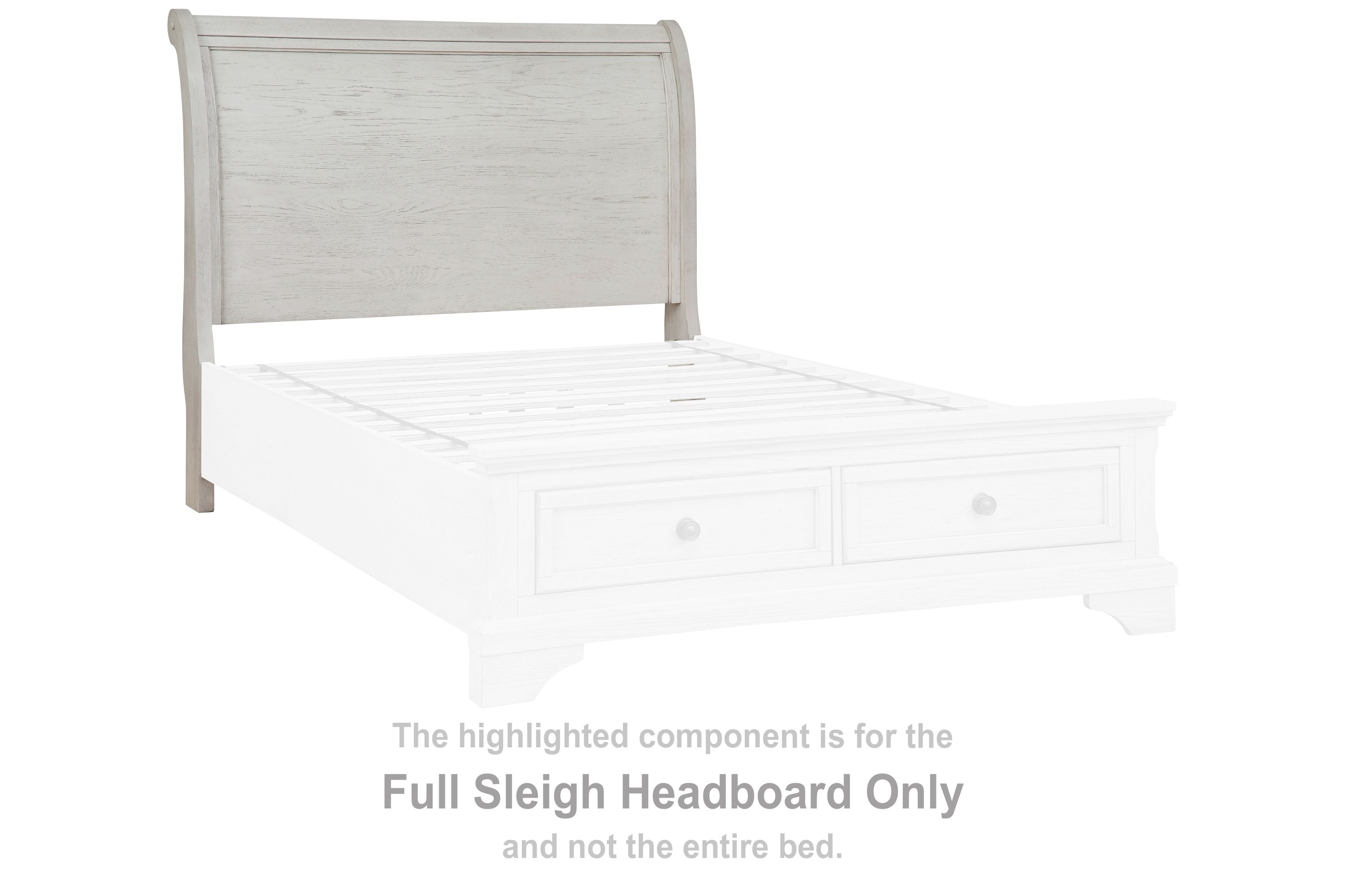Antique white full sleigh headboard with simple panel and curved top rails
