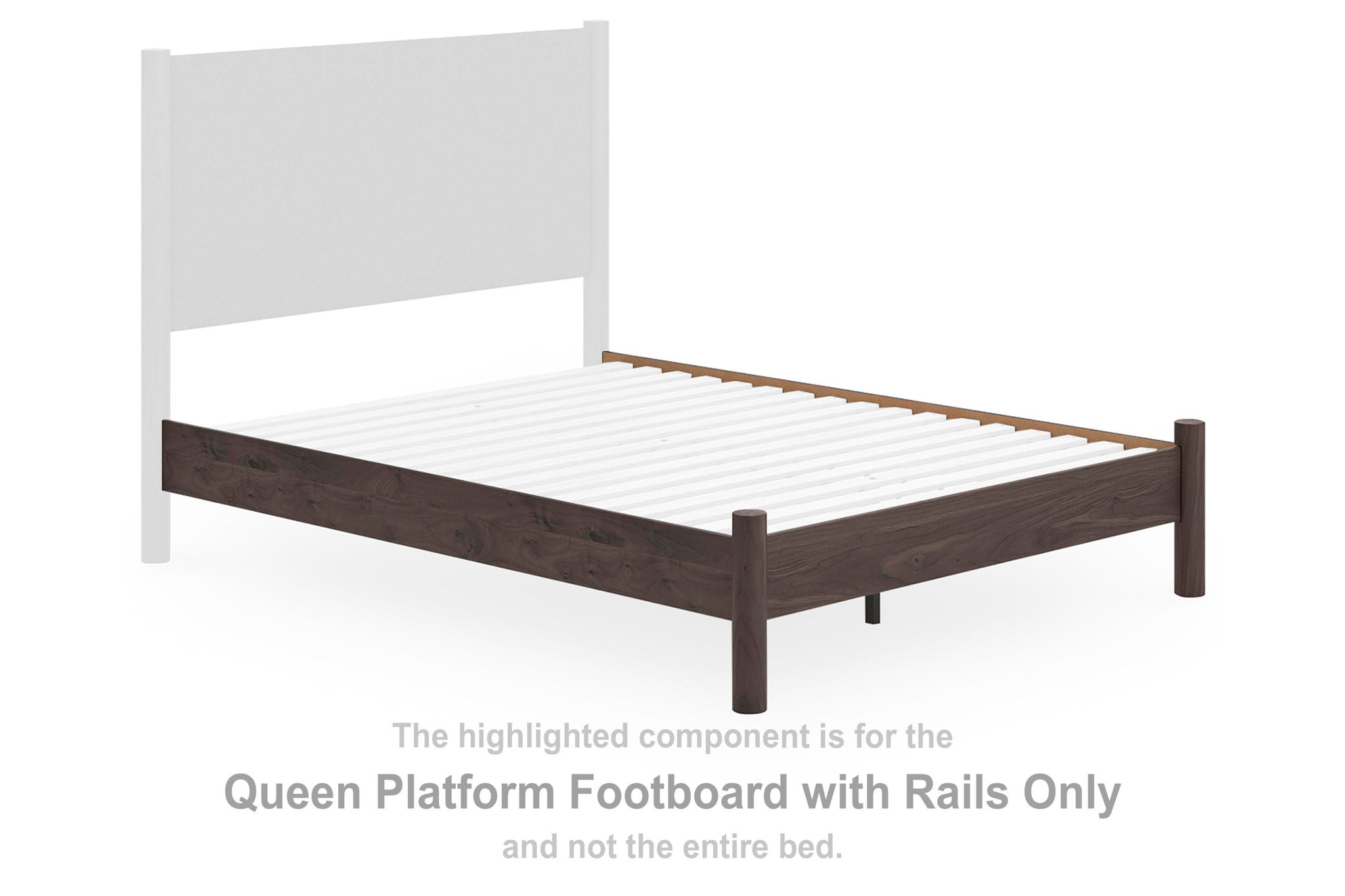 Brown wooden queen platform footboard with side rails and slatted frame