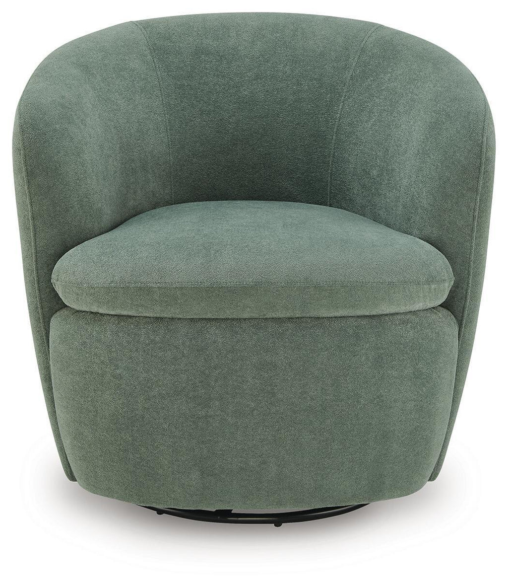 Swivel accent chair in deep green velvet with rounded seat and supportive back.