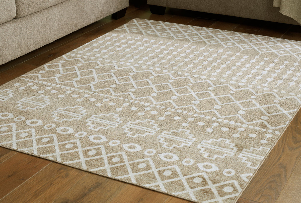 Cream and tan rug with large geometric blocks and diamond lattice, flat weave look