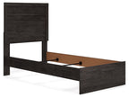 Panel bed frame in dark wood with open base showing interior support boards