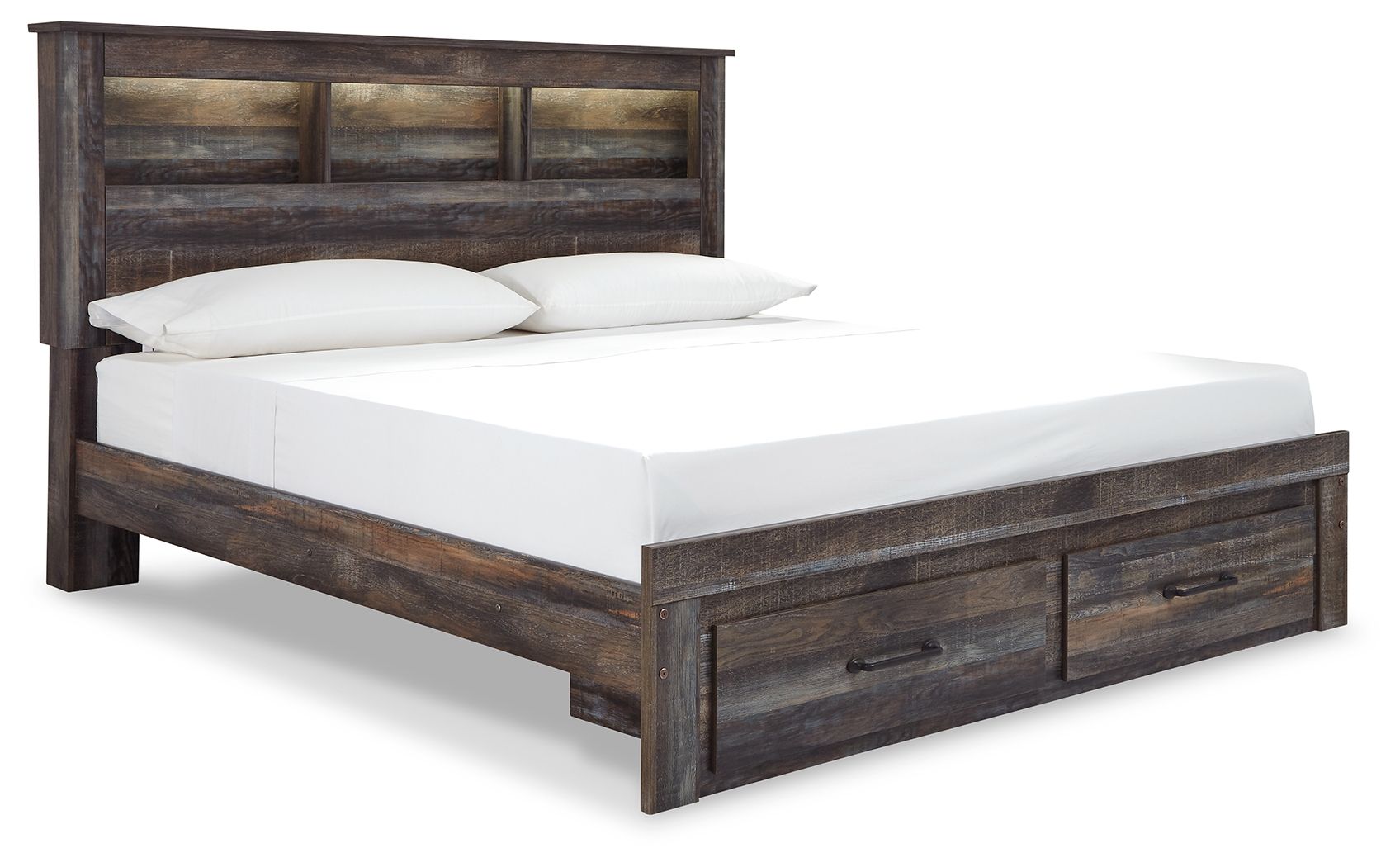 Panel bookcase bed with dark wood frame and open shelf headboard, side drawer storage