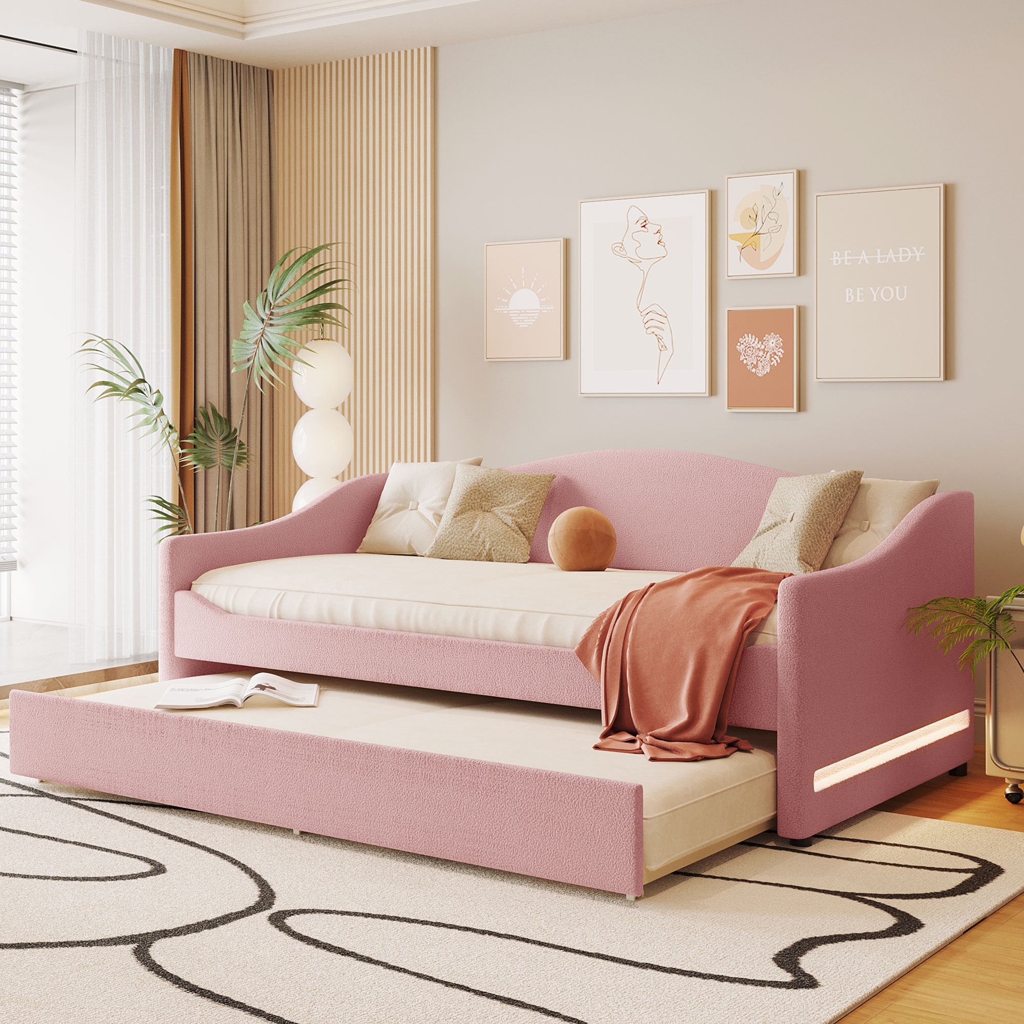 Cozy Pink Twin Teddy Fleece Daybed | Trundle & LED Light