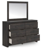 Dark gray dresser with square mirror and six drawers, multiple pull handles