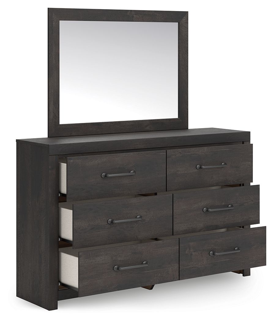 Dark gray dresser with square mirror and six drawers, multiple pull handles