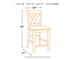 Barstool diagram with 38 in height, 19 in width, 21 in depth