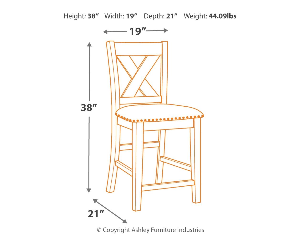 Barstool diagram with 38 in height, 19 in width, 21 in depth