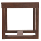 Square end table in dark brown wood with straight legs and lower shelf