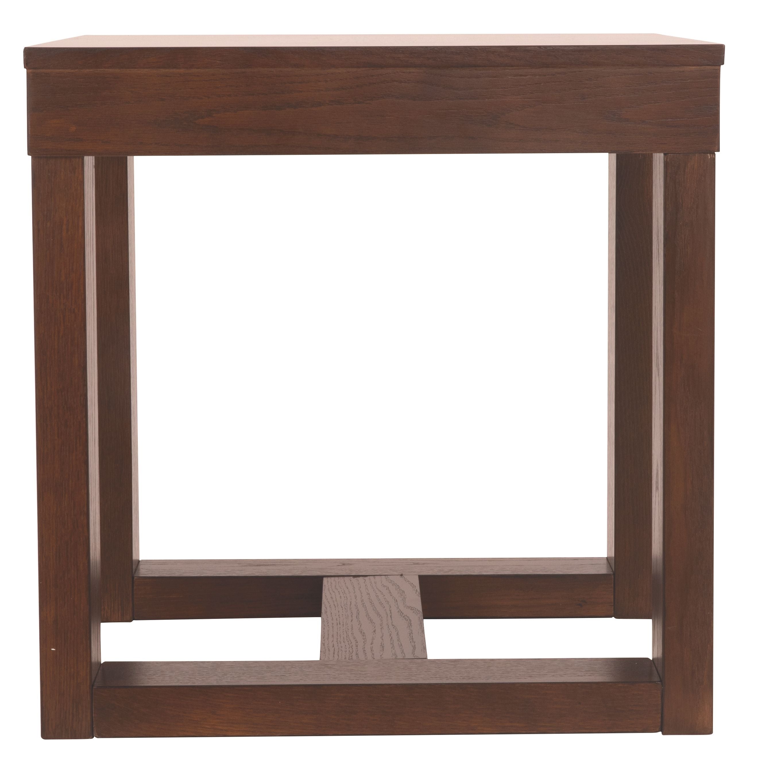 Square end table in dark brown wood with straight legs and lower shelf