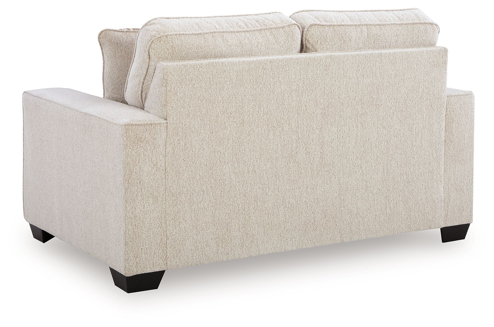Light beige upholstered loveseat with two back cushions and thick armrests