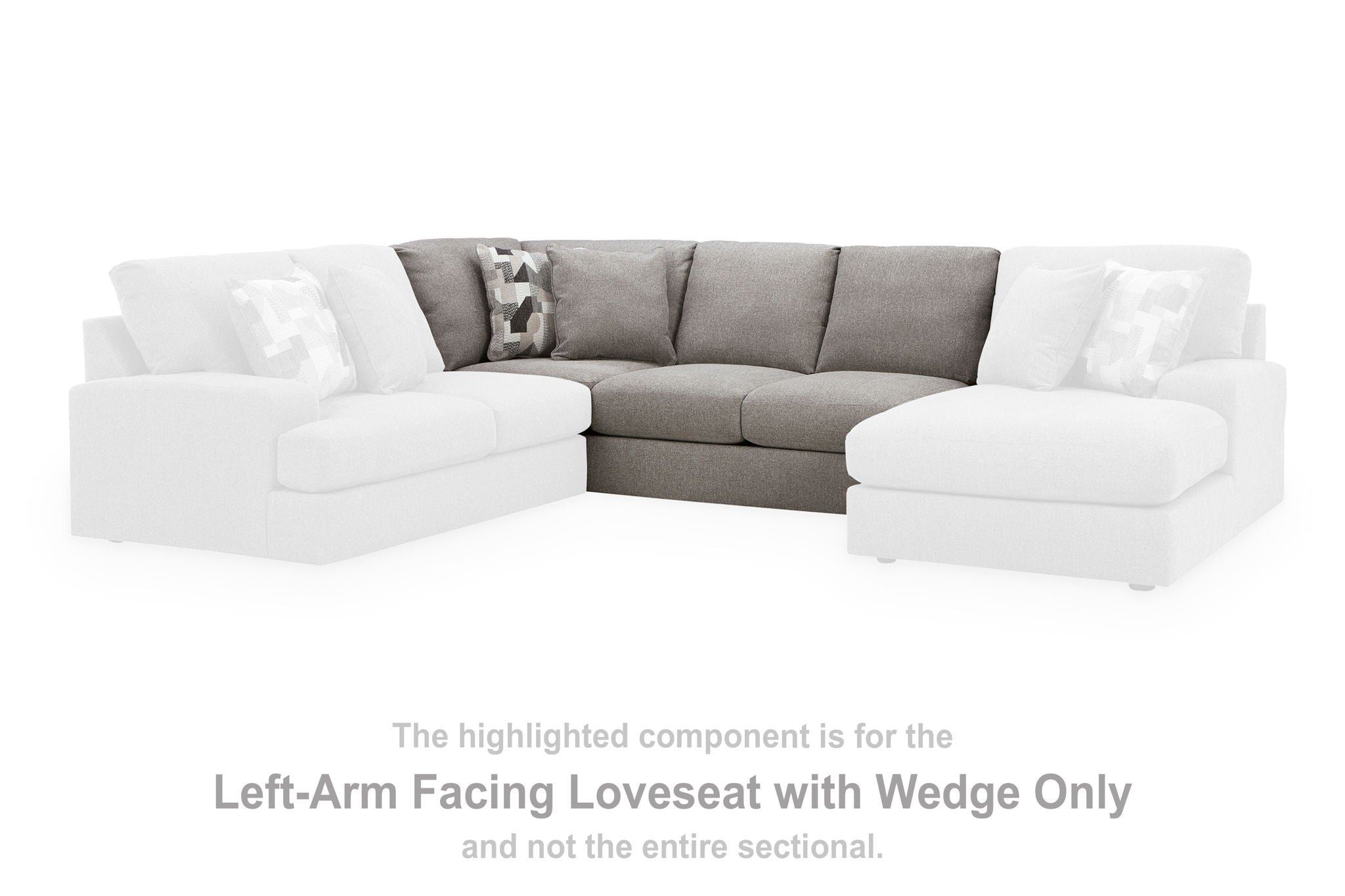 Smoke gray loveseat with wedge section, coordinating pillows, black base on white setup